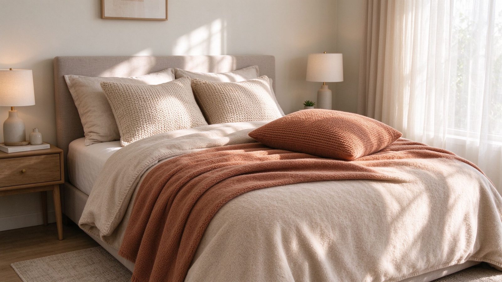 Cozy bedroom with stacked blankets in warm neutral tones