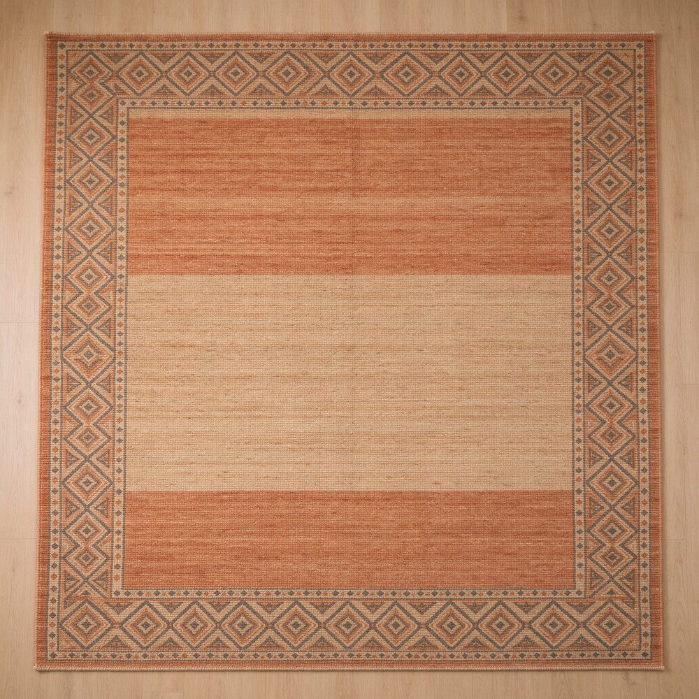 Woven area rug with geometric border