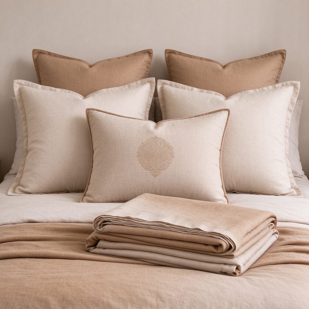 Matching cushions and folded bedding set in neutral tones