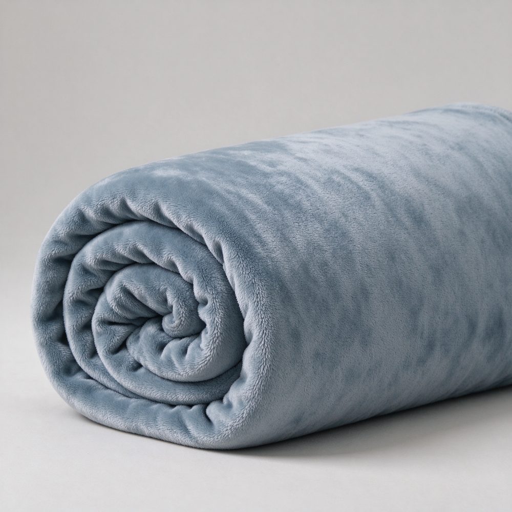 Rolled flannel fleece throw in dusty blue